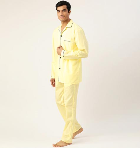 Men Yellow Pure Cotton Solid Pyjamas Set